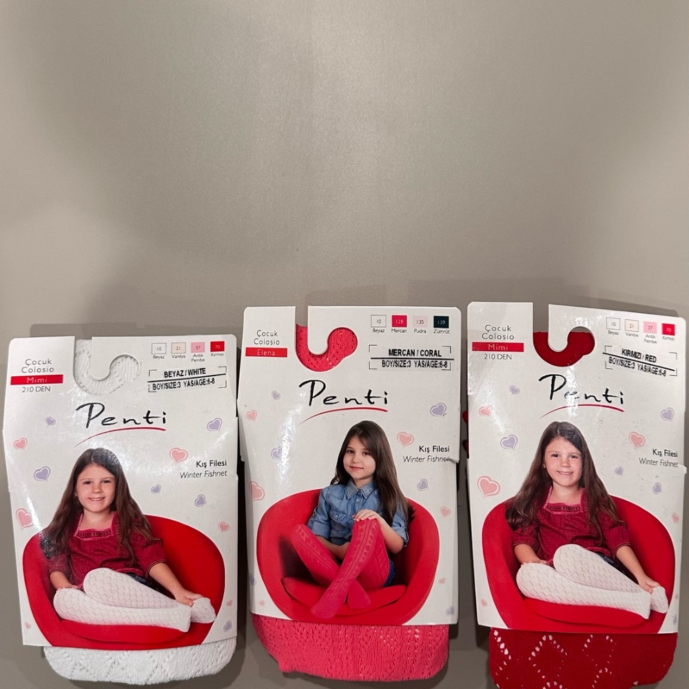 3 Pack of 6-8 Years Old Girl Tights Winter Fishnet Colorful and Patterned Trio3